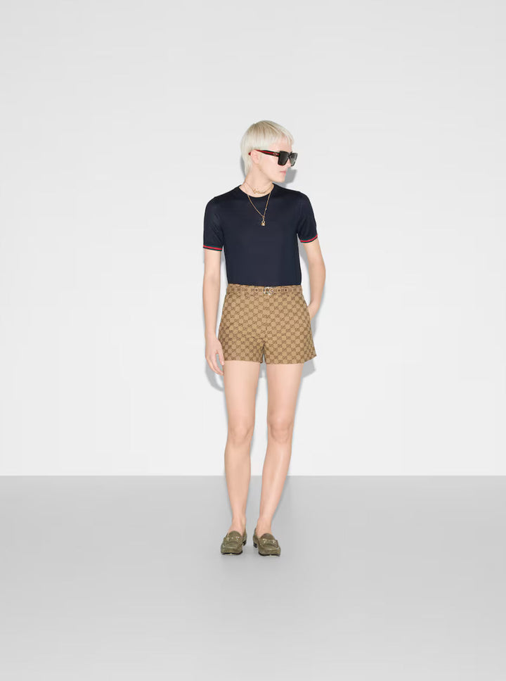 Gucci Women Blue T-Shirt With Web Detail On The Edges In Cashmere And Silk Blend Woman