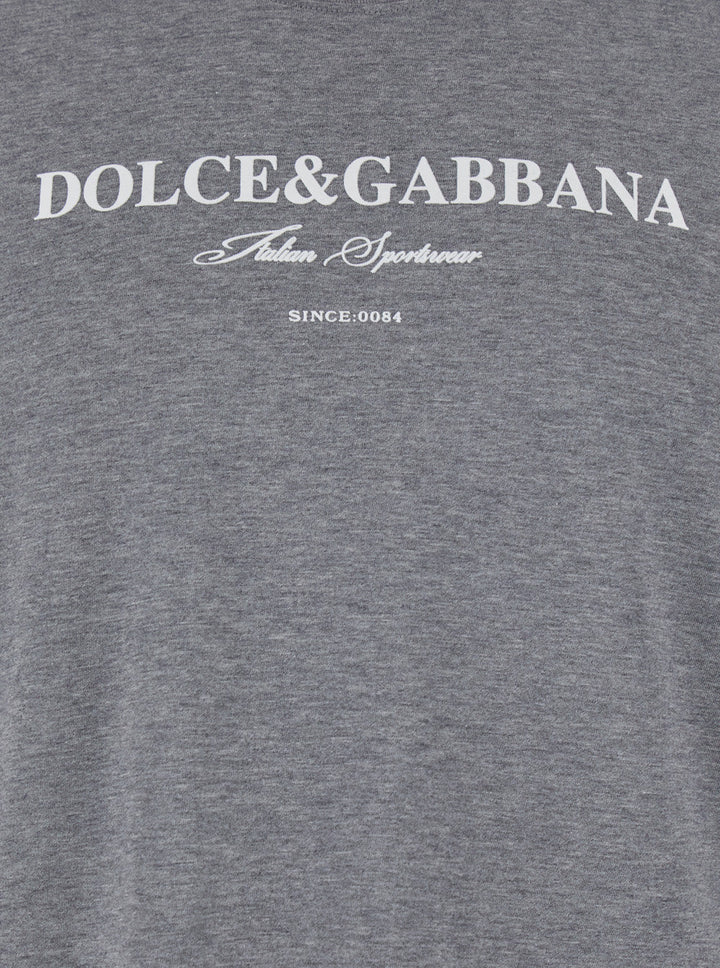 Dolce & Gabbana Men Grey Crewneck T-Shirt With Logo Lettering Print On The Front In Cotton Man
