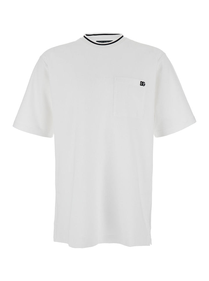 Dolce & Gabbana Men White Crewneck T-Shirt With Logo Embroidery On The Front In Cotton Man