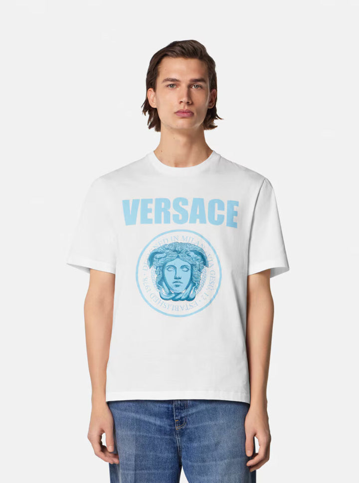 Versace Men White Crewneck T-Shirt With Maxi Logo Print On The Front In Cotton Man