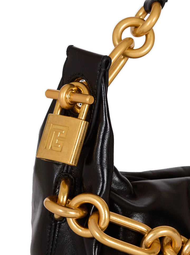 Balmain Women 'Sync' Black Medium Shoulder Bag With Chain-Link And Logo Plaque In Leather Woman