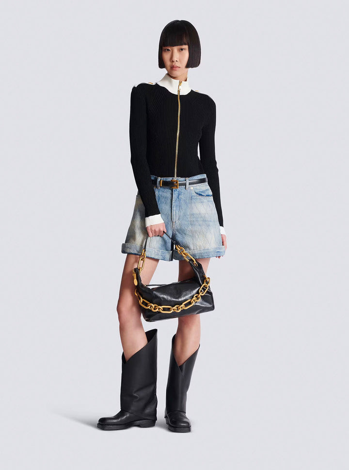 Balmain Women 'Sync' Black Medium Shoulder Bag With Chain-Link And Logo Plaque In Leather Woman