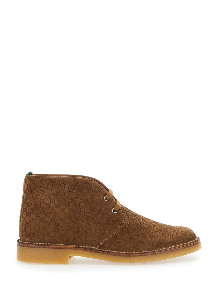 Gucci Men Brown Ankle Boots With Web Detail On The Heel And Low Heel In Gg Suede Man