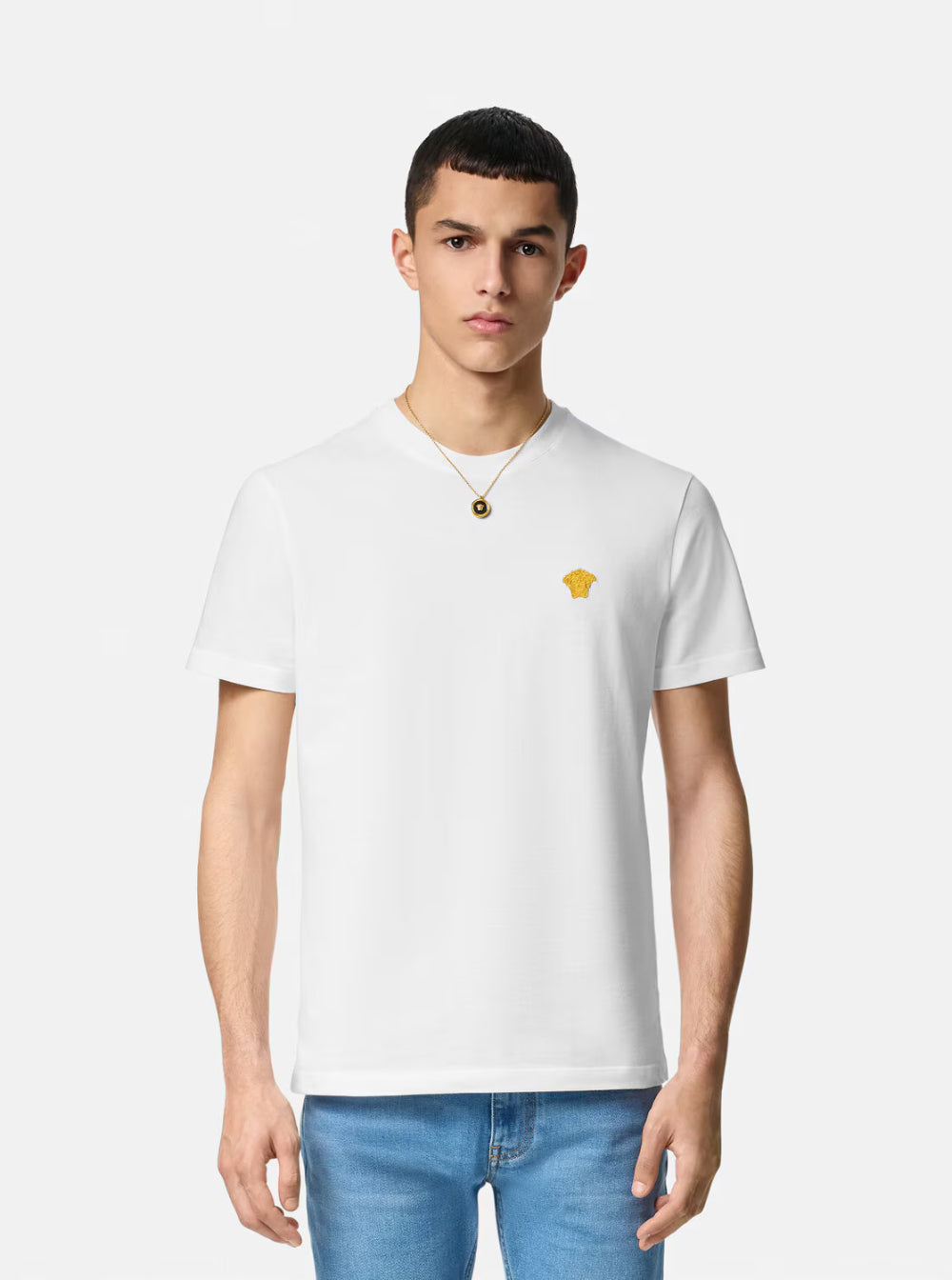Versace Men White Crewneck T-Shirt With Medusa Embroidery On The Front In Cotton Man