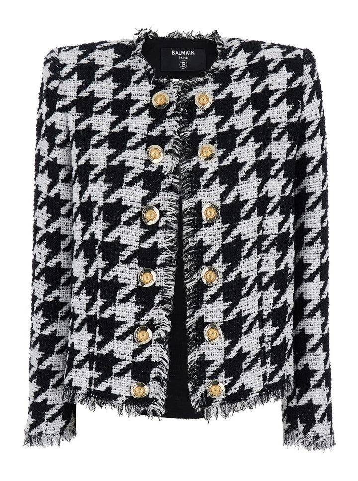 Balmain Women 'Spencer' Black And White Jacket With All-Over Check Motif And Fringed Hem In Cotton Blend Woman
