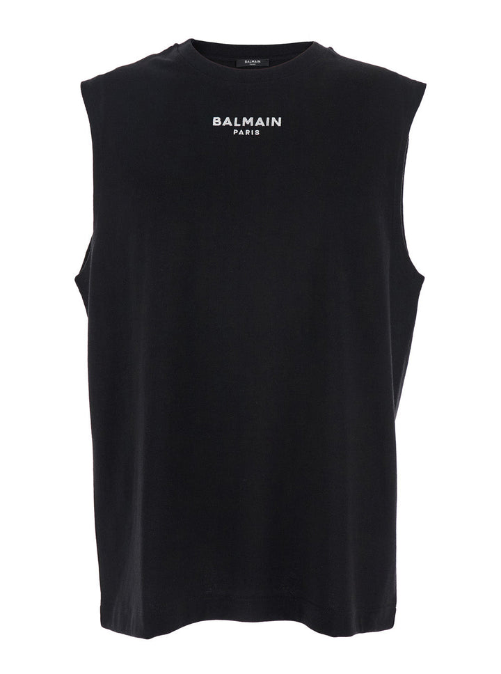 Balmain Men Black Crewneck Sleeveless Top With Logo Lettering Embroidery On The Front In Cotton Man