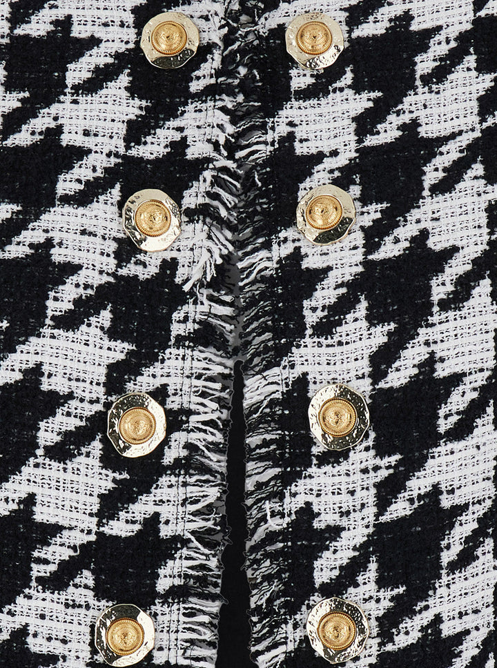 Balmain Women 'Spencer' Black And White Jacket With All-Over Check Motif And Fringed Hem In Cotton Blend Woman