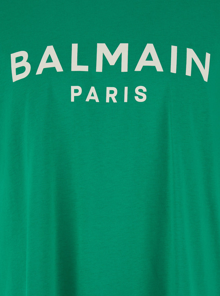 Balmain Men Green Crewneck T-Shirt With Logo Lettering Print On The Front In Cotton Man