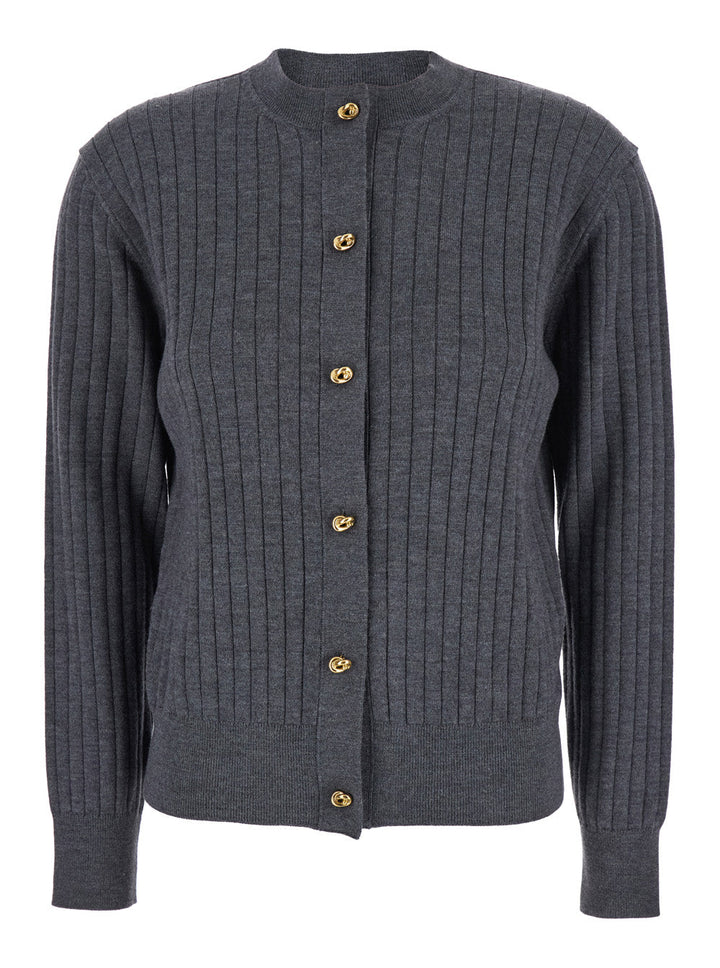 Bottega Veneta Women Grey Crewneck Cardigan With Knot Buttons Closure And Ribbed Knit In Wool Woman