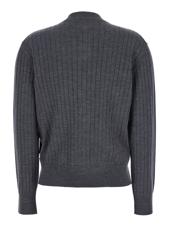 Bottega Veneta Women Grey Crewneck Cardigan With Knot Buttons Closure And Ribbed Knit In Wool Woman