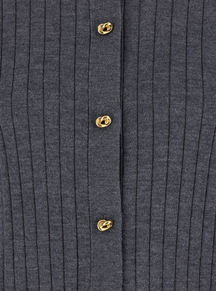 Bottega Veneta Women Grey Crewneck Cardigan With Knot Buttons Closure And Ribbed Knit In Wool Woman