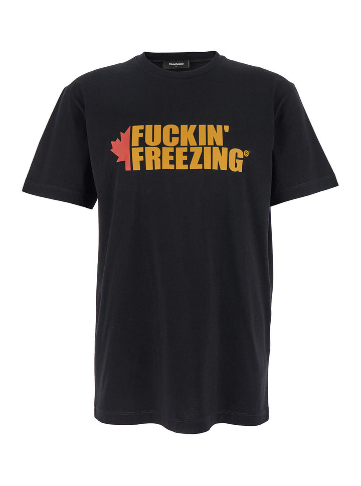 Dsquared2 Men Black Crewneck T-Shirt With Print On The Front And Logo Lettering On The Rear In Cotton Man