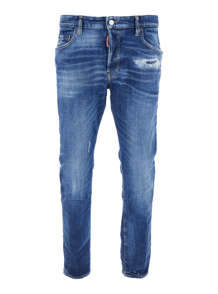 Dsquared2 Men Blue Jeans With Ripped Details And Logo Patch On The Rear In Denim Man