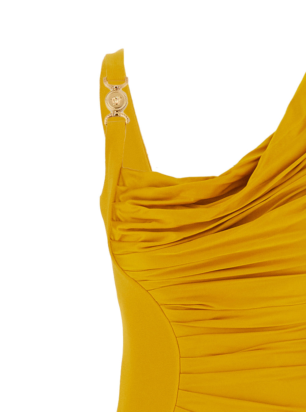 Versace Women Orange Sleeveless Long Dress With Medusa Plaque On The Front Draping In Viscose Woman