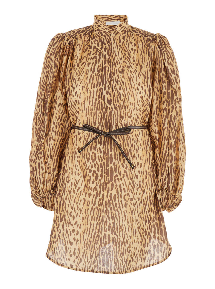 Zimmermann Women 'Cascadian' Beige Tunic Dress With Stand-Up Collar And All-Over Leopard Print In Linen Woman