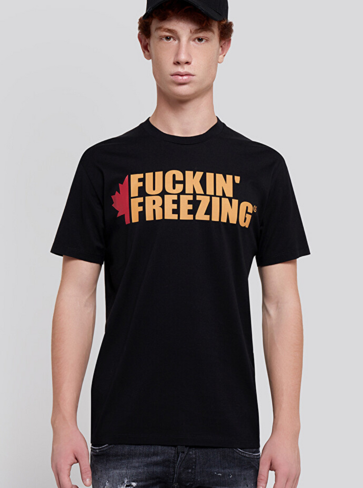 Dsquared2 Men Black Crewneck T-Shirt With Print On The Front And Logo Lettering On The Rear In Cotton Man