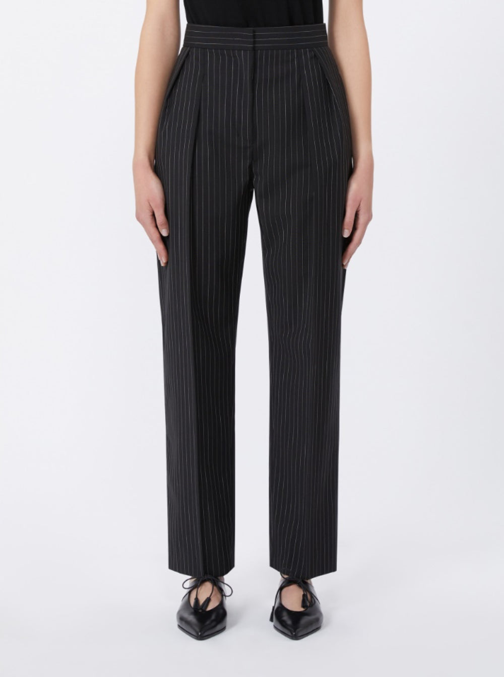 Max Mara Women 'Sesamo' Black Pants With Front Concealed Closure And All-Over Striped Motif In Wool Woman