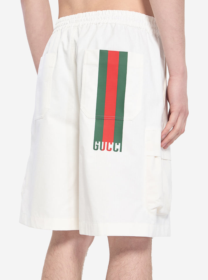 Gucci Men White Bermuda Pants With Elastic Drawstring Waist And Rear Web Print In Cotton Man