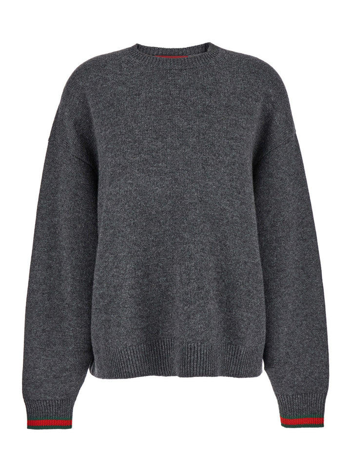 Gucci Women Grey Crewneck Sweater With Web Detail On The Cuffs In Wool And Cashmere Blend Woman