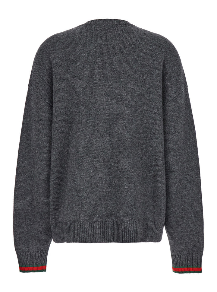 Gucci Women Grey Crewneck Sweater With Web Detail On The Cuffs In Wool And Cashmere Blend Woman