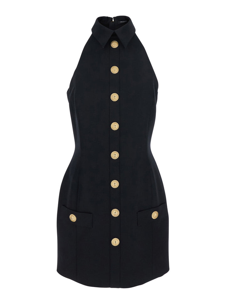 Balmain Women Black Dress With Pointed Collar And Logo Buttons On The Front In Wool Woman