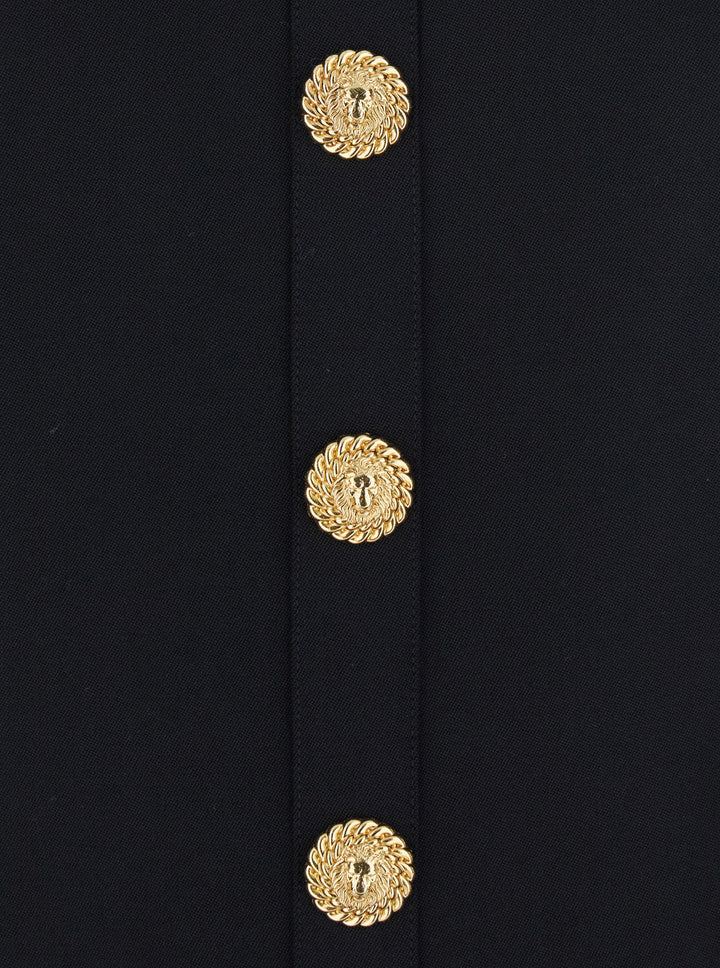 Balmain Women Black Dress With Pointed Collar And Logo Buttons On The Front In Wool Woman