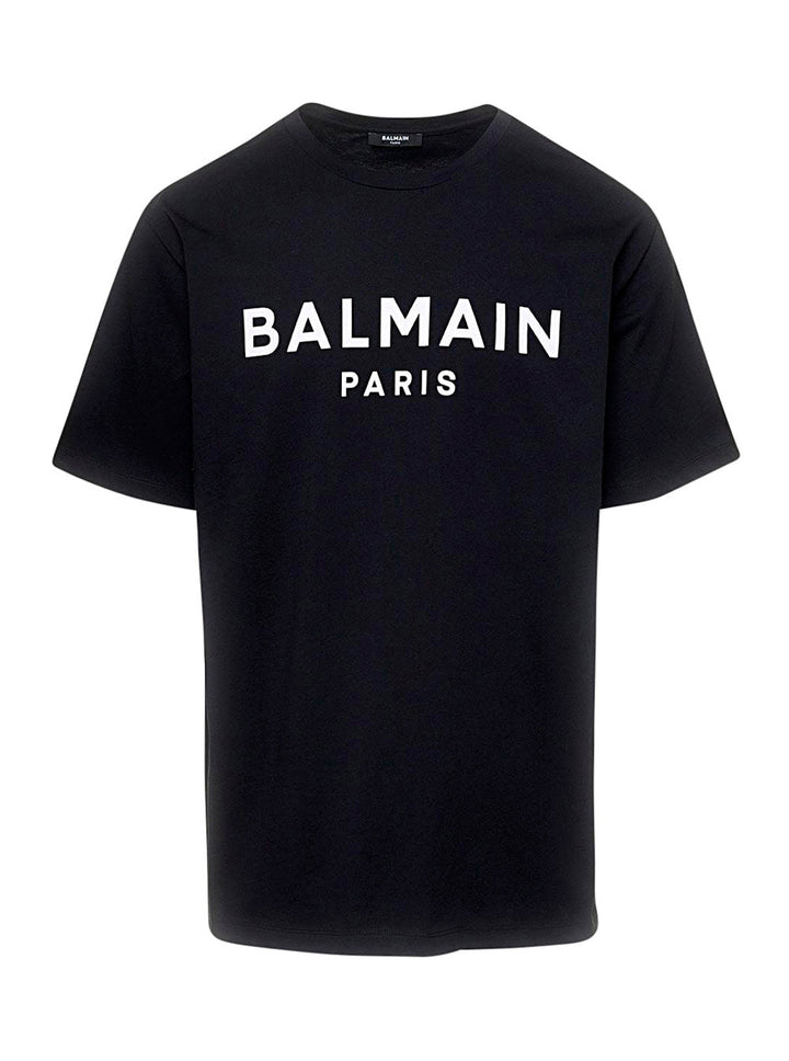 Balmain Men Black Crew Neck T-Shirt With Logo Print On The Chest In Cotton Man