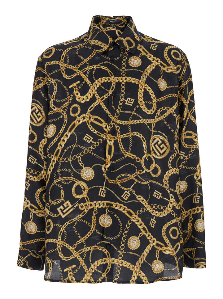 Balmain Men Black Shirt With Pointed Collar And Chain Print With Logo In Silk Man
