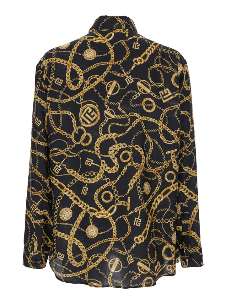 Balmain Men Black Shirt With Pointed Collar And Chain Print With Logo In Silk Man