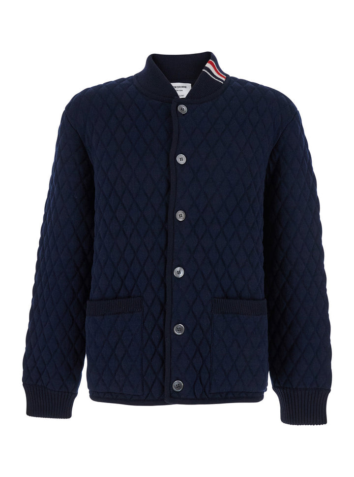 Thom Browne Men Blue Quilted Jacket With Bomber Collar And Logo Embroidery On The Collar In Wool Man