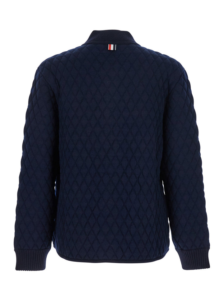 Thom Browne Men Blue Quilted Jacket With Bomber Collar And Logo Embroidery On The Collar In Wool Man