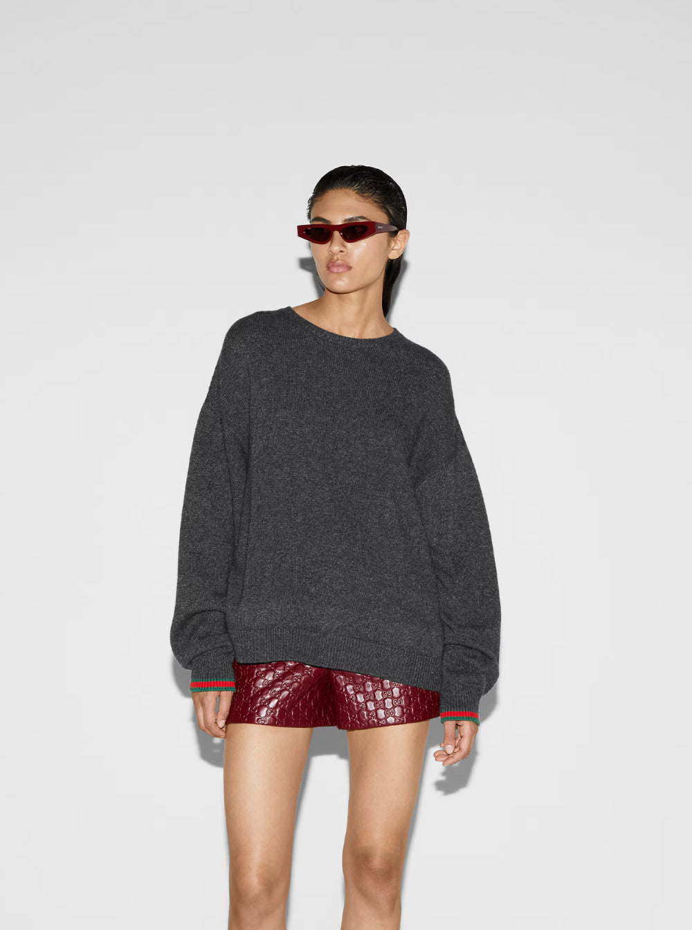 Gucci Women Grey Crewneck Sweater With Web Detail On The Cuffs In Wool And Cashmere Blend Woman
