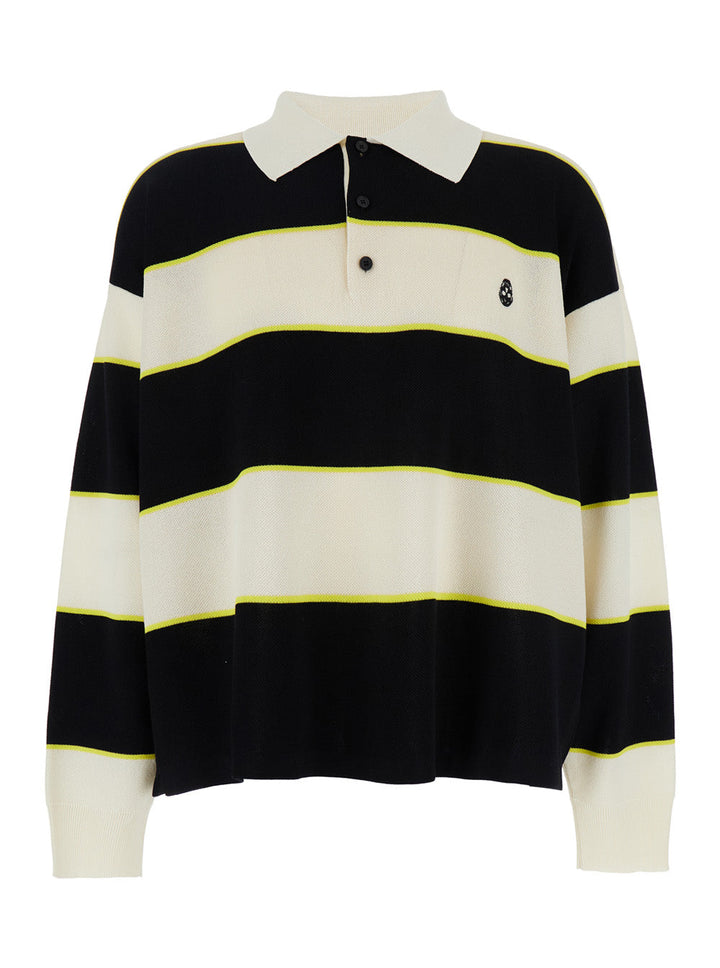 Alexander Mcqueen Men Black And White Long-Sleeve Polo Shirt With Logo Patch On The Front And All-Over Striped Motif In Cotton Blend Man