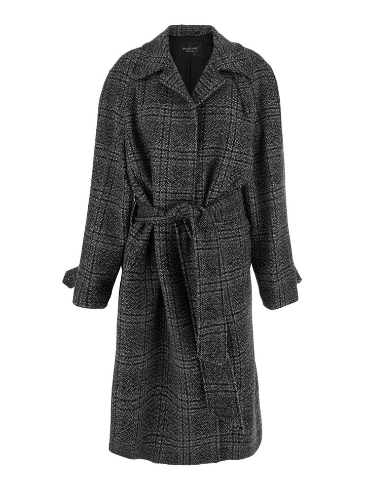 Balenciaga Women Grey Coat With Wide Notched Revers And All-Over Check Motif In Wool Woman
