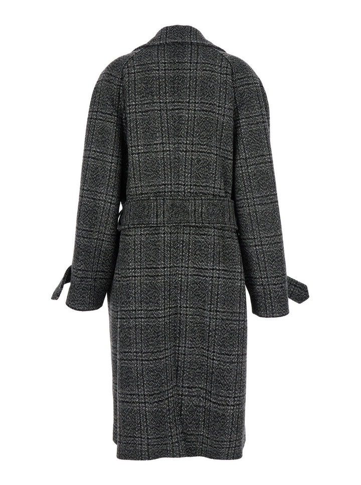 Balenciaga Women Grey Coat With Wide Notched Revers And All-Over Check Motif In Wool Woman