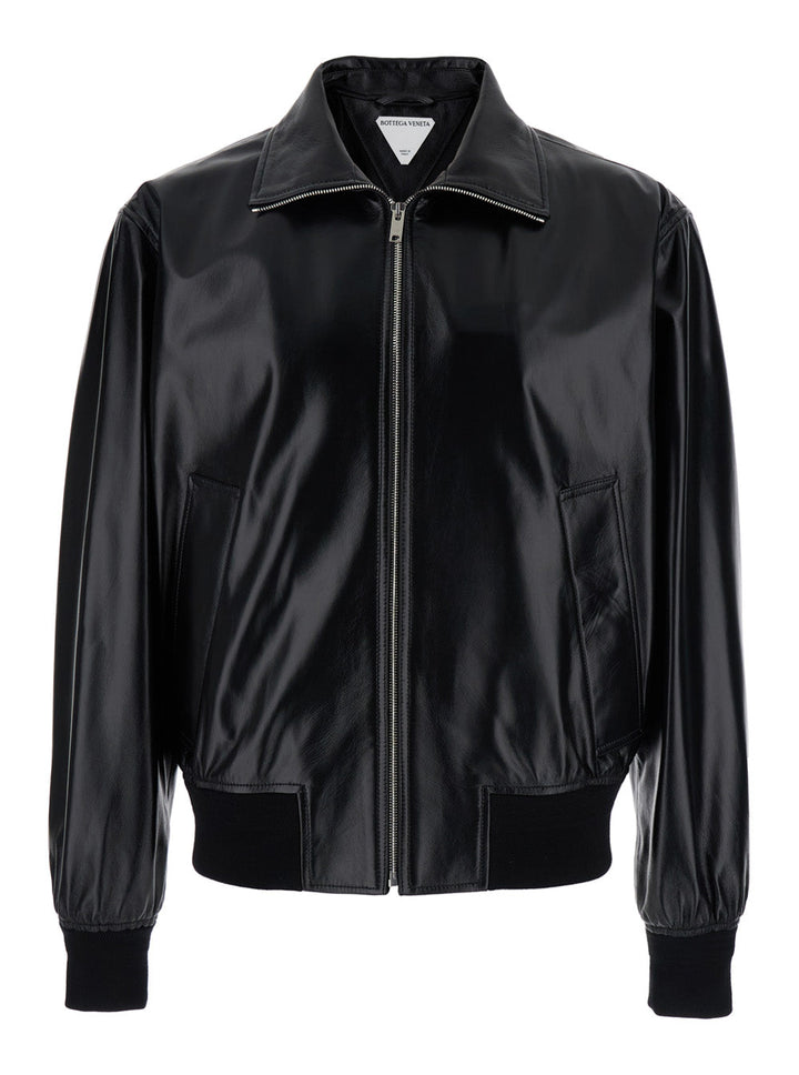 Bottega Veneta Men Black Bomber Jacket With Two Front Welt Pockets In Leather Man