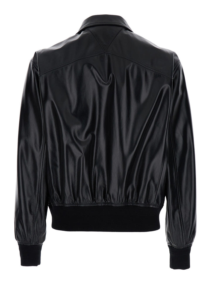Bottega Veneta Men Black Bomber Jacket With Two Front Welt Pockets In Leather Man