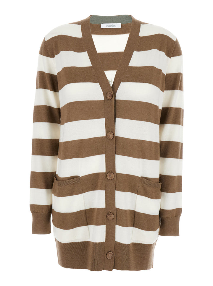 Max Mara Women 'Fiemme'beige Cardigan With Rear Embroidery And All-Over Striped Motif In Wool Woman