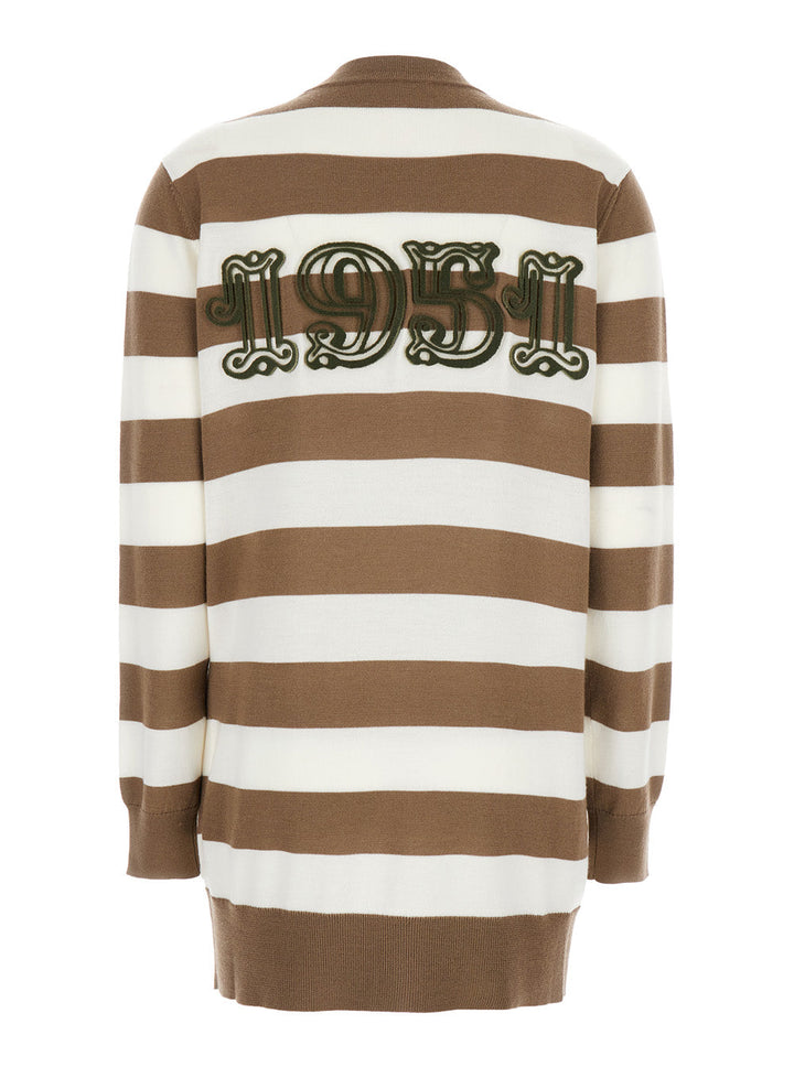 Max Mara Women 'Fiemme'beige Cardigan With Rear Embroidery And All-Over Striped Motif In Wool Woman