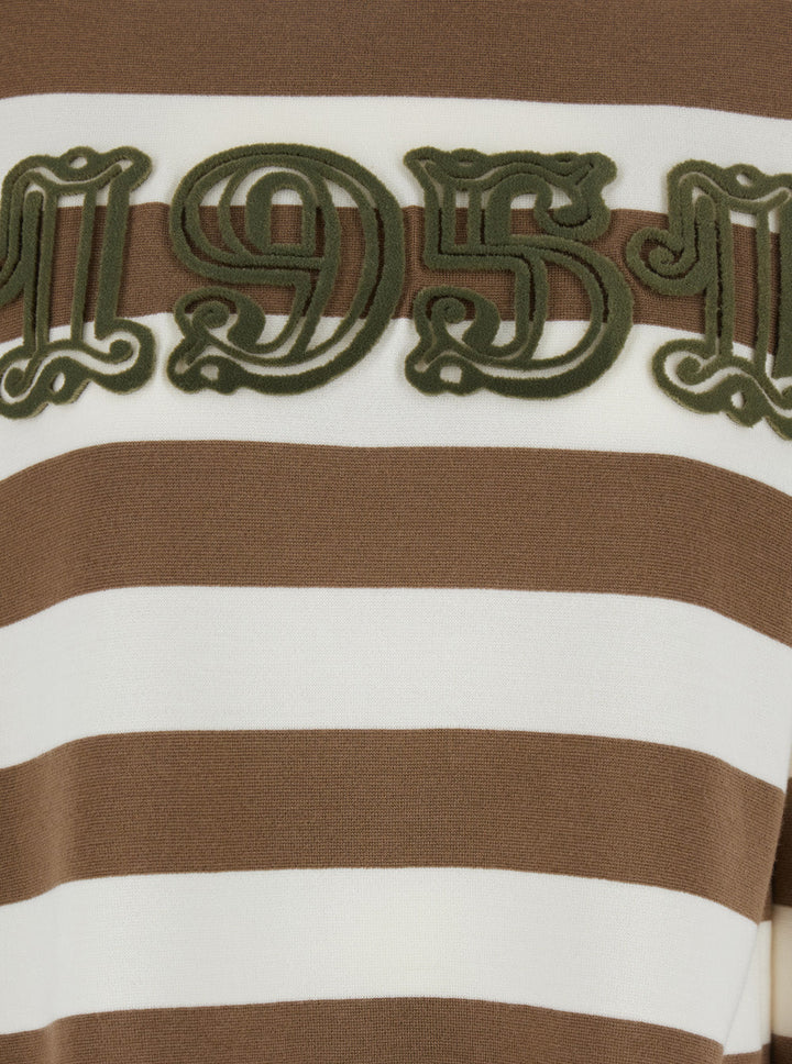 Max Mara Women 'Viterbo' Beige Crewneck Sweater With Embroidery On The Front And All-Over Striped Motif In Wool Woman