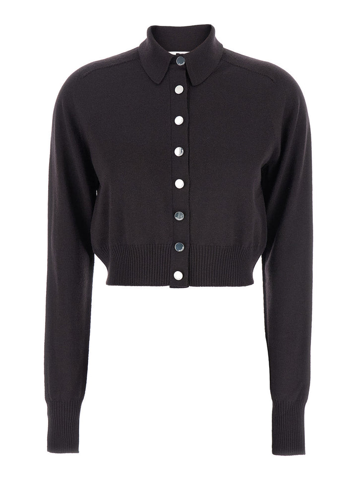 Sportmax Women 'Perseo' Black Cropped Cardigan With Button Down Collar And Ribbed Trims In Wool Woman