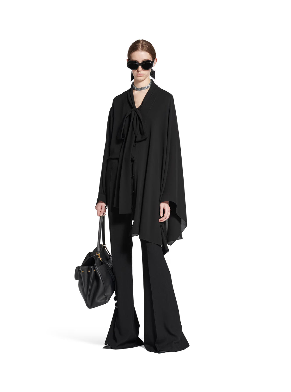 Balenciaga Women Black Blouse With Pussybow Collar And Asymmetric Design In Silk Woman