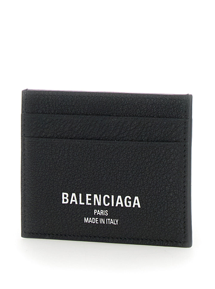 Balenciaga Men Black Card Holder With Logo Lettering On The Front In Grained Leather Man