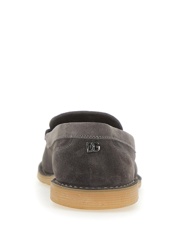 Dolce & Gabbana Men 'New Florio Ideal' Grey Loafers With Dg Detail In Suede Man