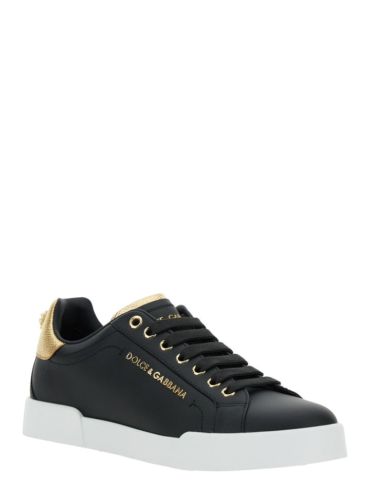 Dolce & Gabbana Women Black Low Top Sneakers With Logo Lettering On The Tongue And Logo Detail On The Heel In Leather Woman