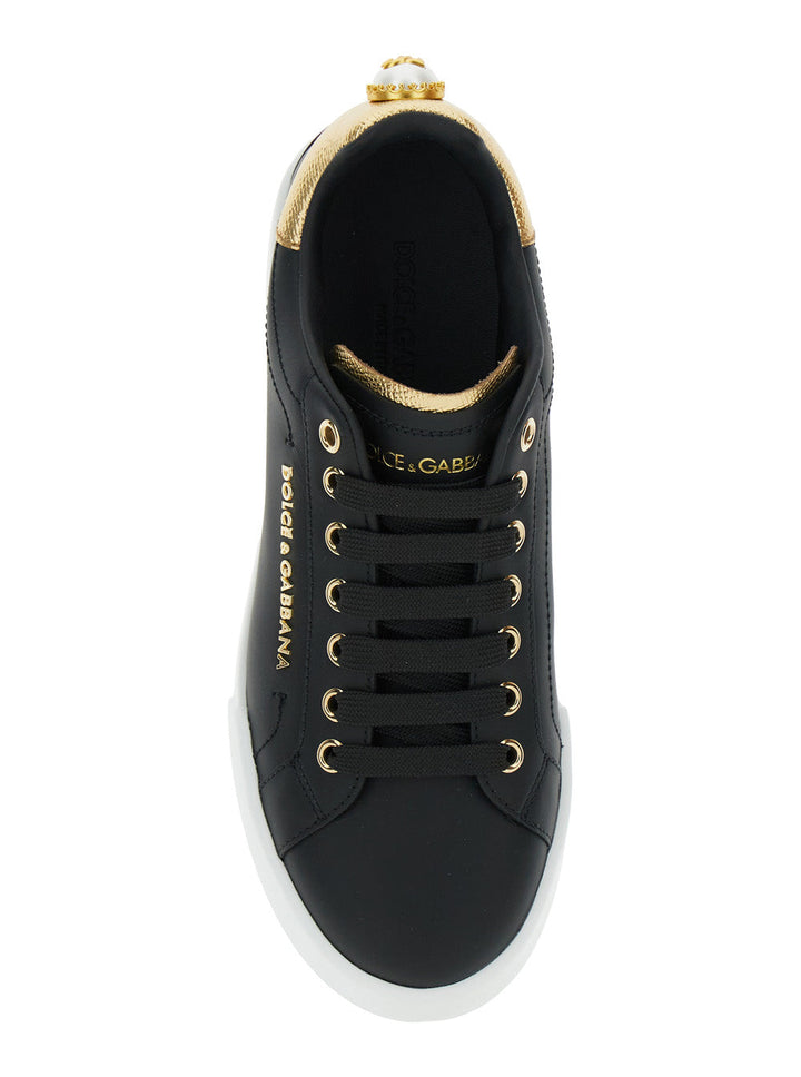 Dolce & Gabbana Women Black Low Top Sneakers With Logo Lettering On The Tongue And Logo Detail On The Heel In Leather Woman