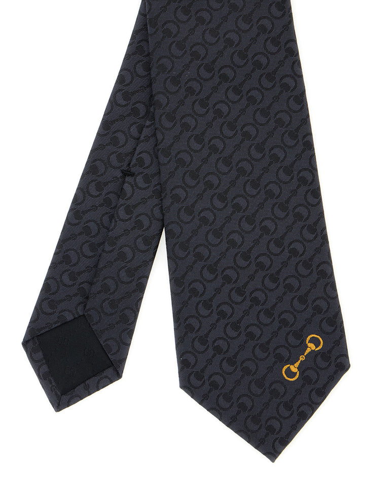 Gucci Men Black Tie With Horsebit And All-Over Horsebit Embroidery In Silk Man