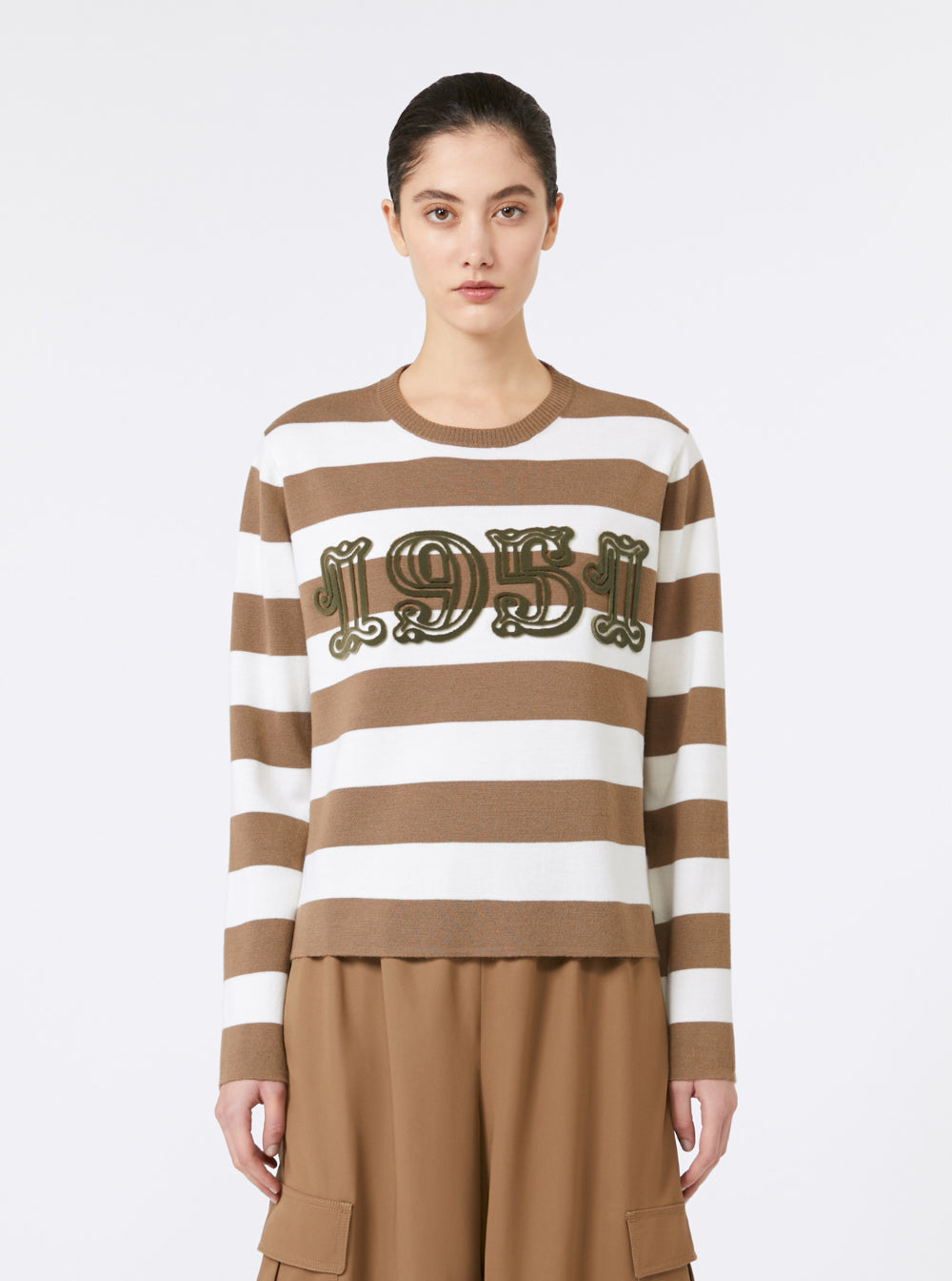 Max Mara Women 'Viterbo' Beige Crewneck Sweater With Embroidery On The Front And All-Over Striped Motif In Wool Woman