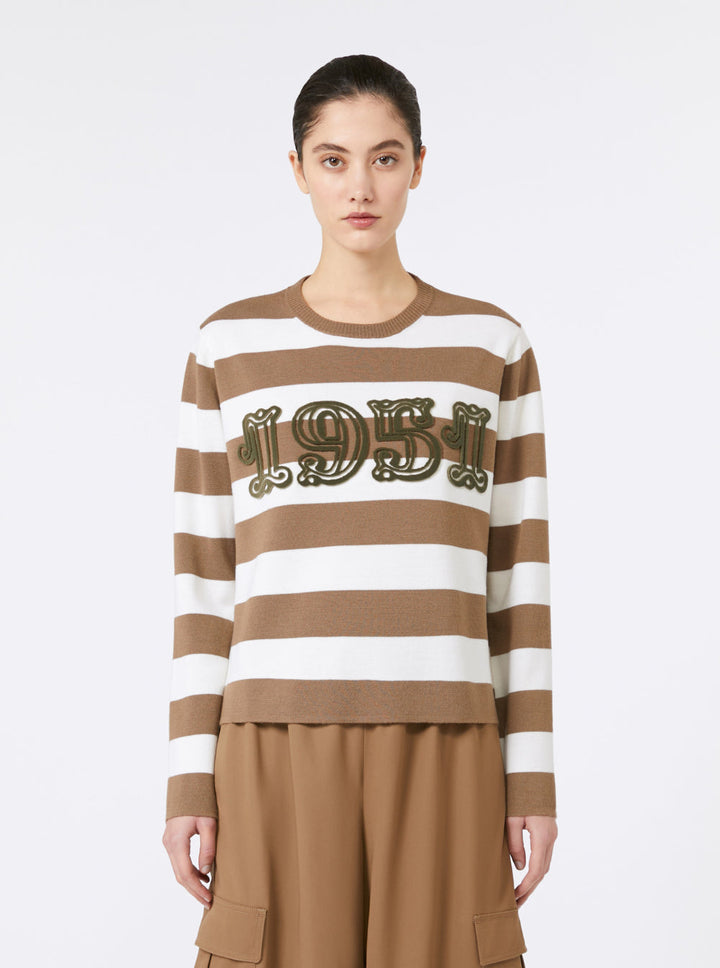 Max Mara Women 'Viterbo' Beige Crewneck Sweater With Embroidery On The Front And All-Over Striped Motif In Wool Woman