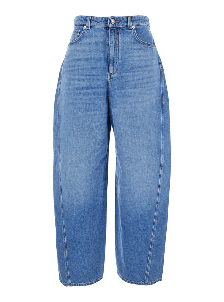 Givenchy Women Blue Jeans With Logo Patch On The Rear And Wide Leg In Denim Woman